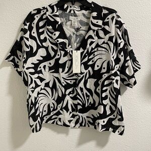 Rachel Zoe Monochrome Leaf Print linen Button Down Shirt